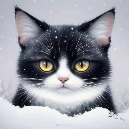 Whimsical Oil Painting of a Chibi Cat in Snowy Forest