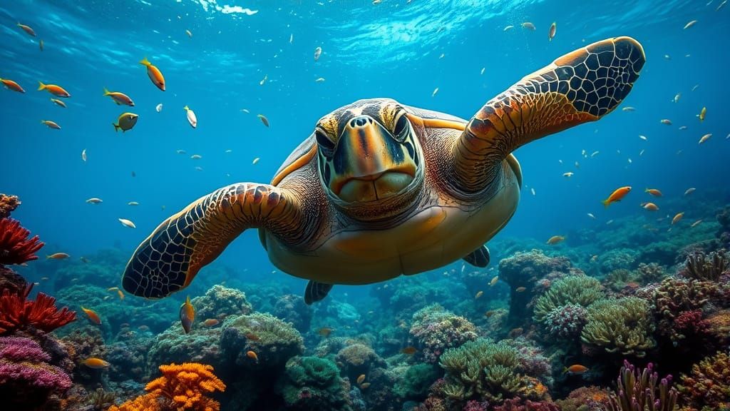 Giant Turtle Swims Towards Viewer Underwater