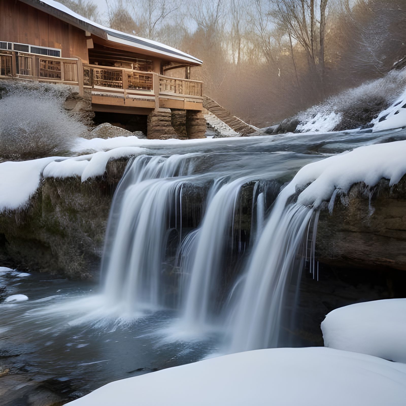 Winter Waterfall Scene in Pine Forest