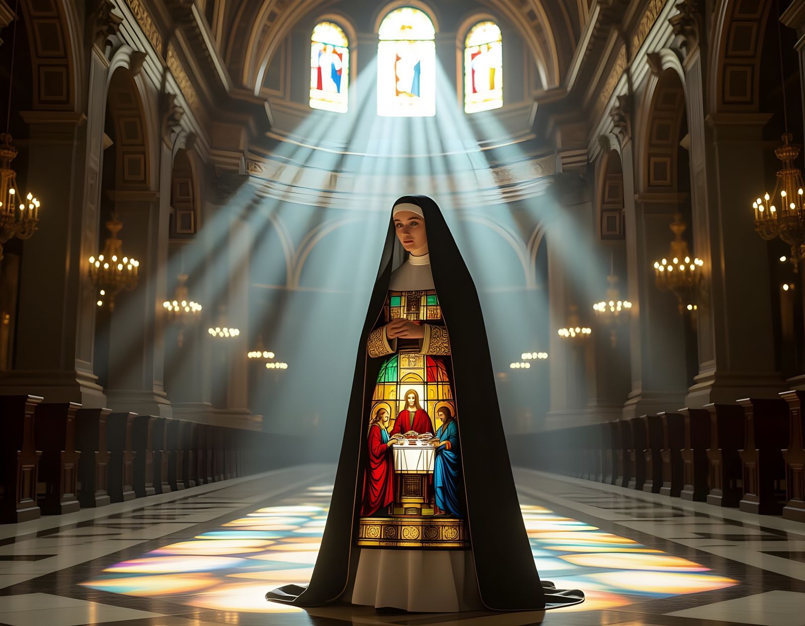 Nun in Stained Glass Outfit in Sunlit Cathedral