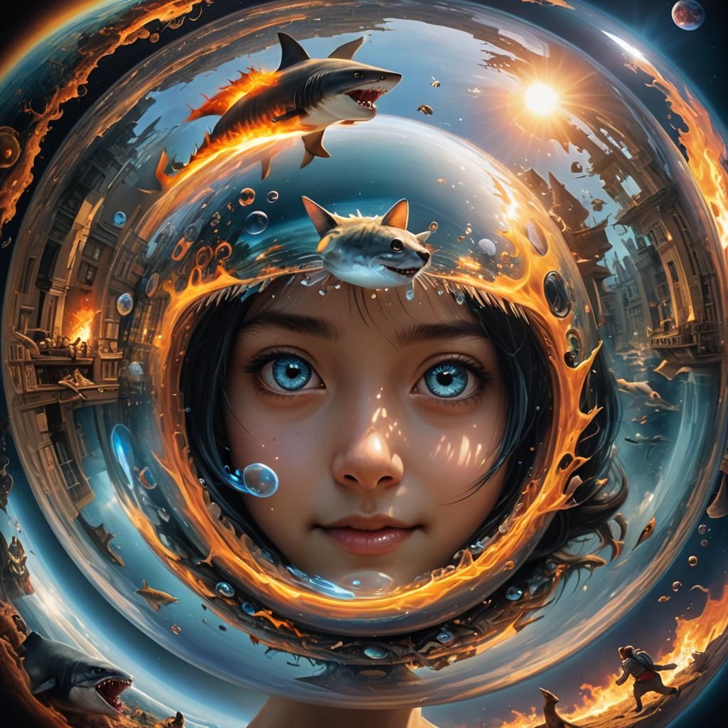 Surreal Eye Reflecting Girl with Cat-Shark Pet