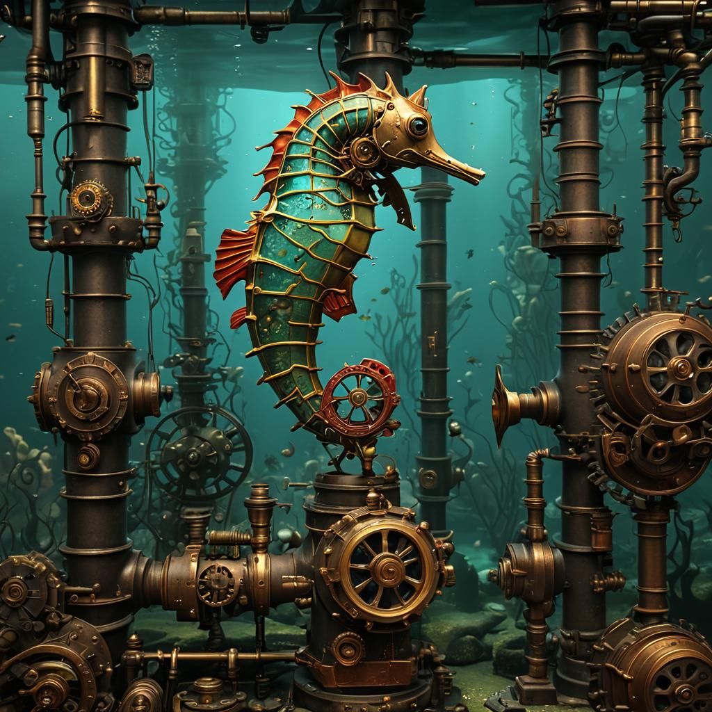 Steampunk Seahorse Aquarium with Guppies, Digital Matte Pain...