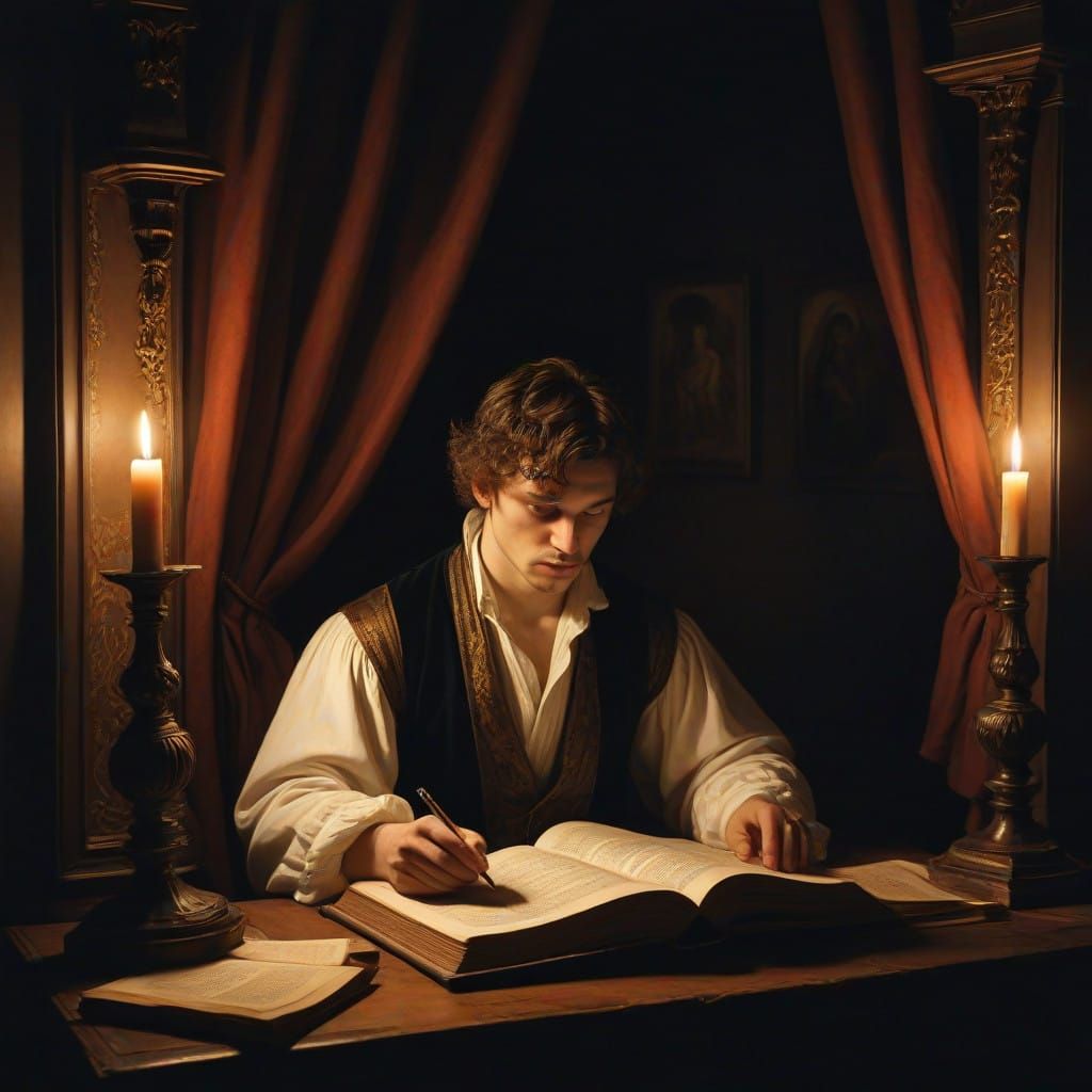 Young Devotee Contemplates Scripture in Candlelit Study