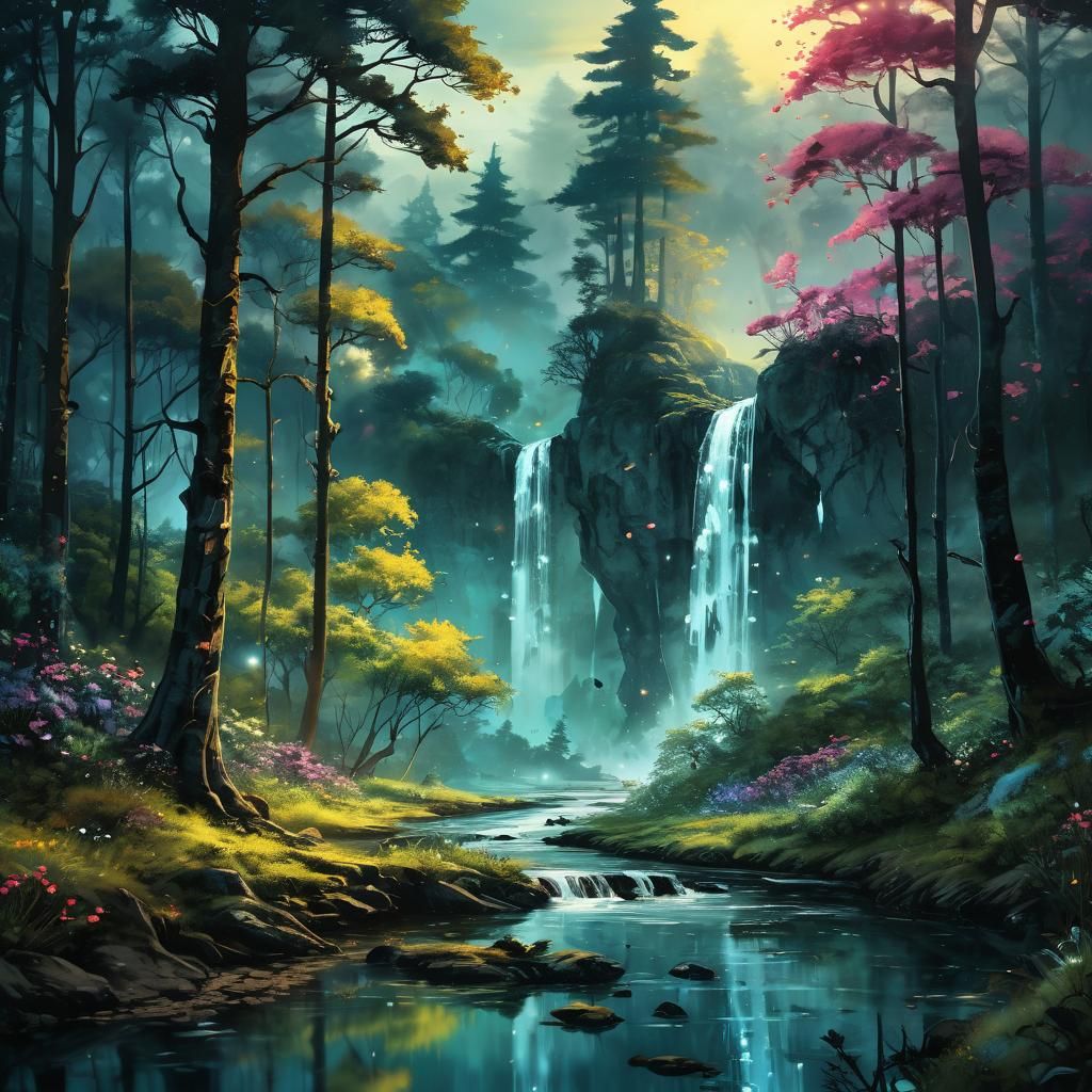 Dreamlike Forest Landscape with Watercolors and Sparkling Li...