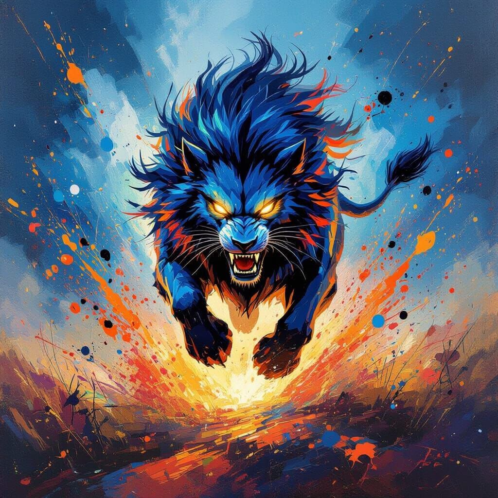 Majestic Beast Leaping Through Chaotic Landscape