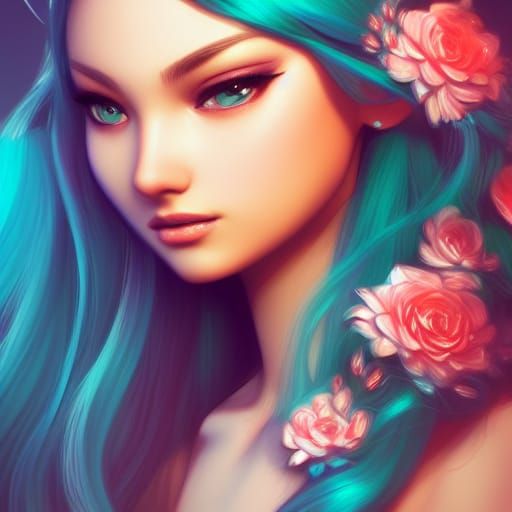 Turquoise Haired Girl Digital Painting