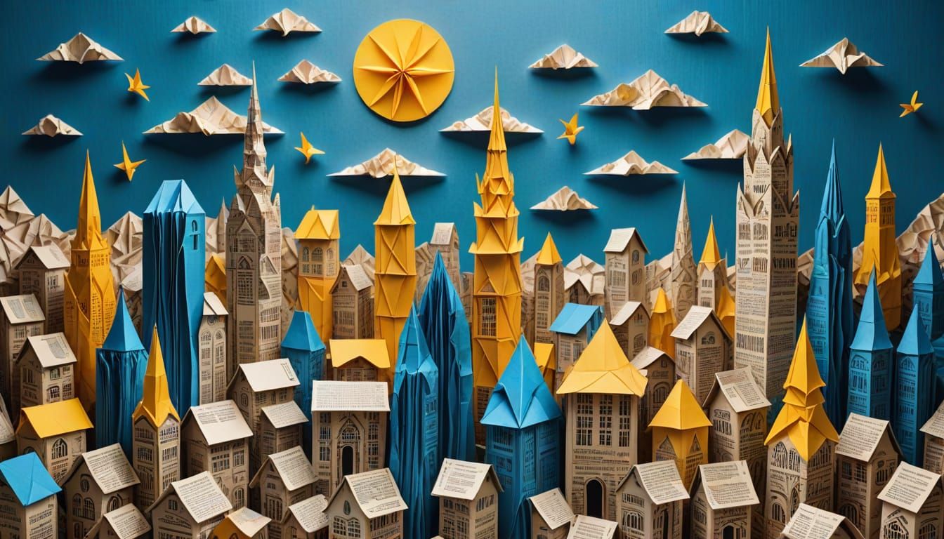 Origami Cityscape Made of Crumpled Newspaper