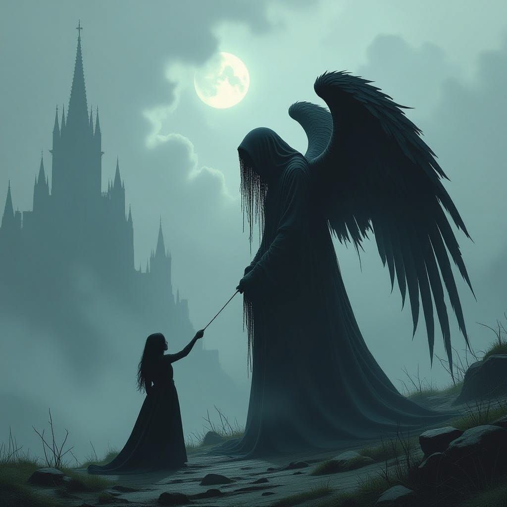 Dark Angel Clinging to Light in Eerie Realm