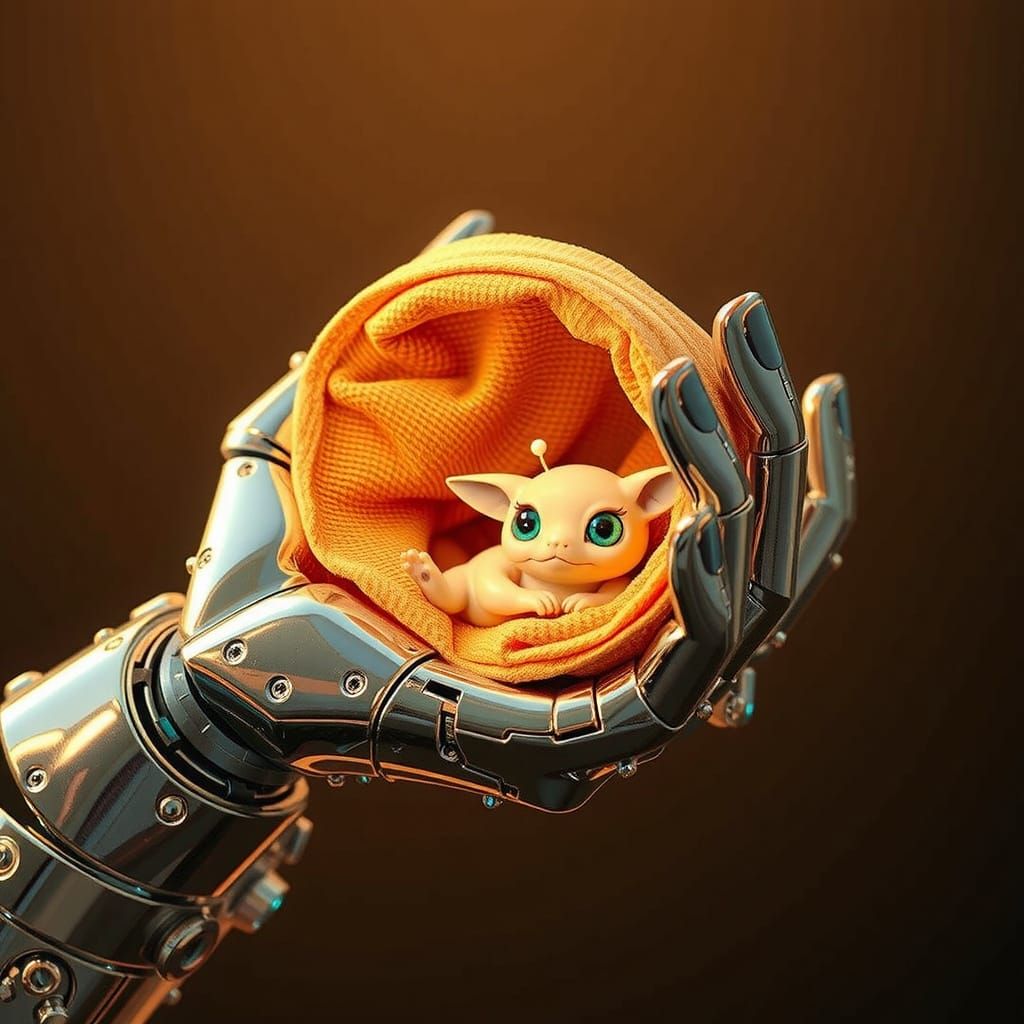 Android Hand Cradling Turquoise Creature in Chrome Style