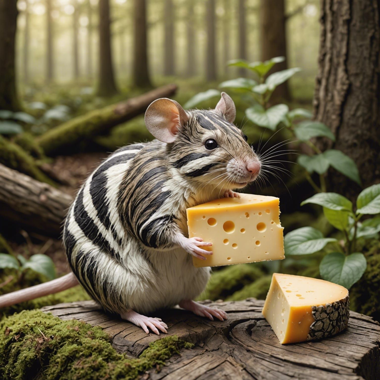 Zebra Striped Mouse Finds Cheese in Woods