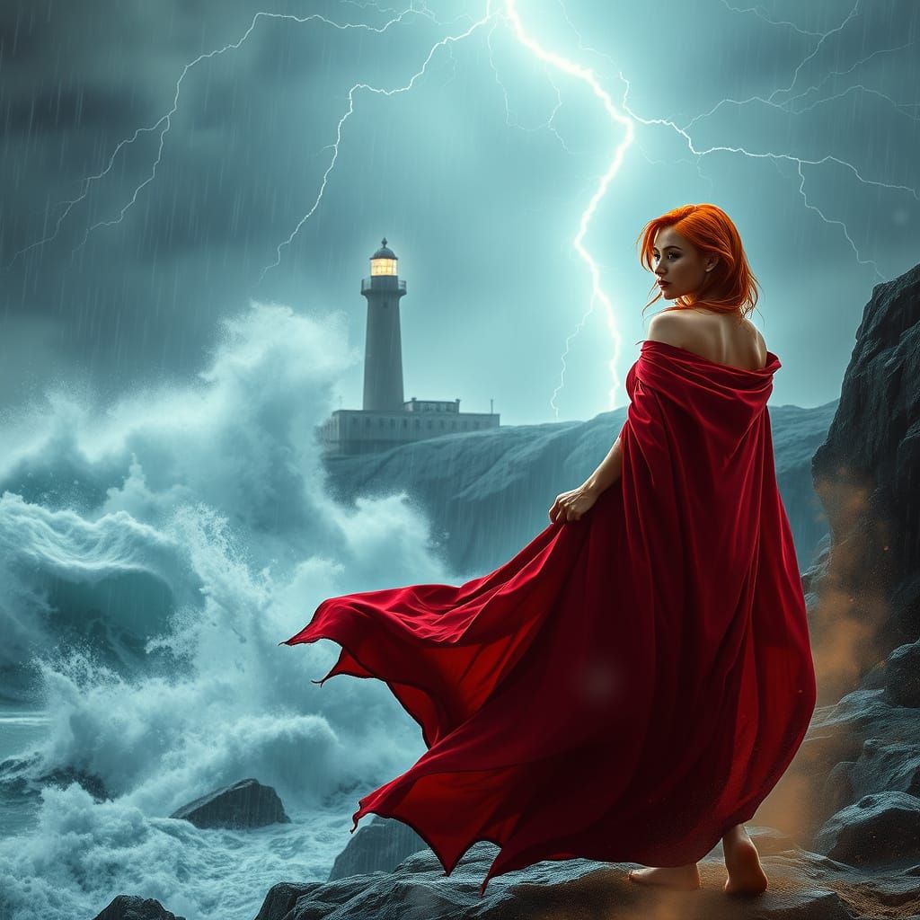 Rousse Beauty Amidst Turbulent Waves and Lighthouse in a Dra...