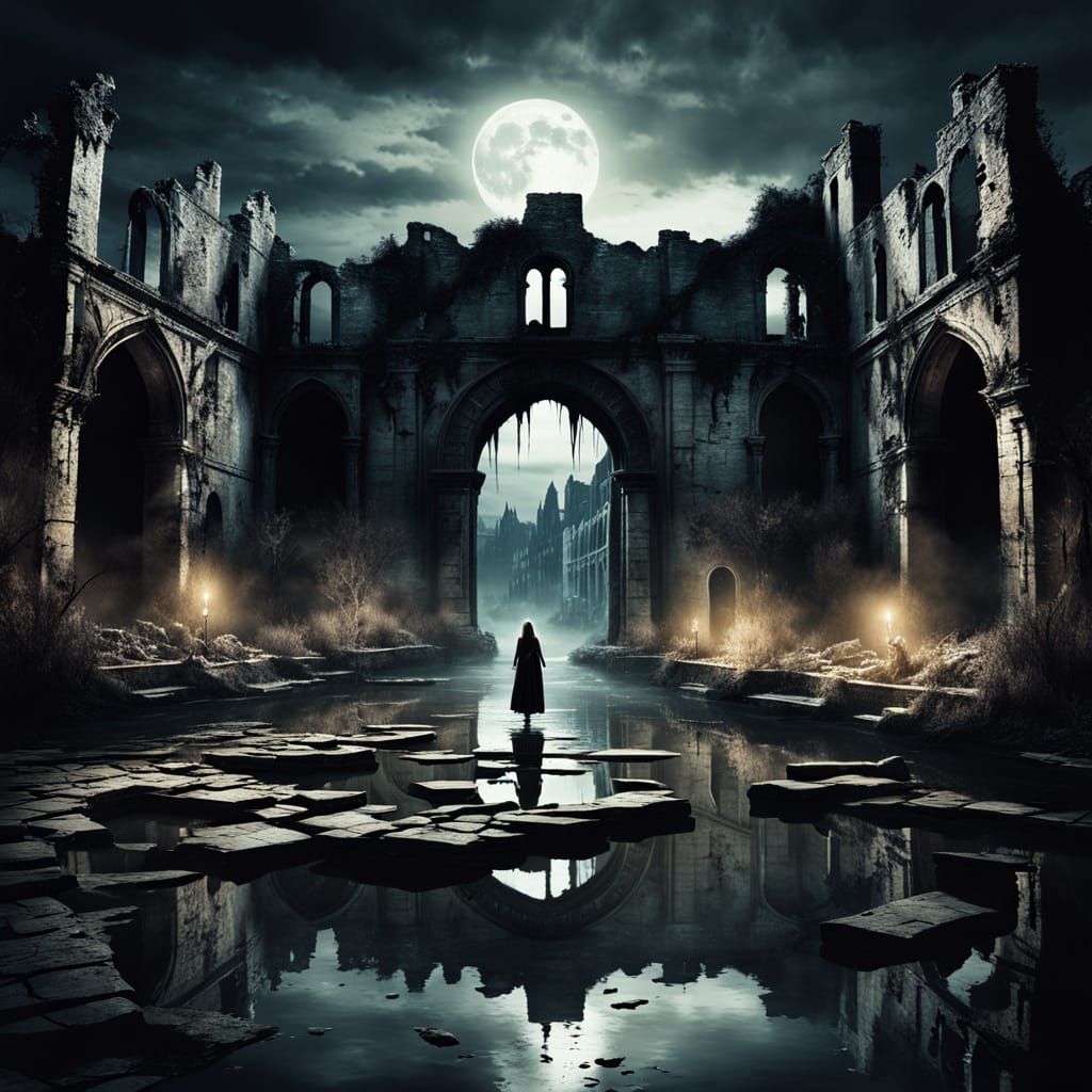 Eerie Gothic Ruins Under a Full Moon