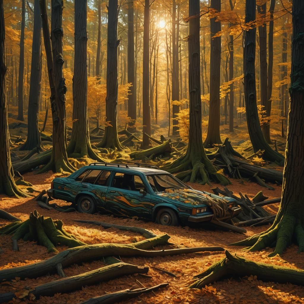 Autumn Forest Carving in Digital Matte Painting Style