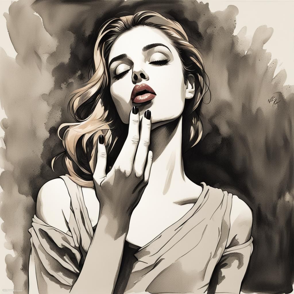 Attractive Woman Blowing a Kiss in Ink Painting Style