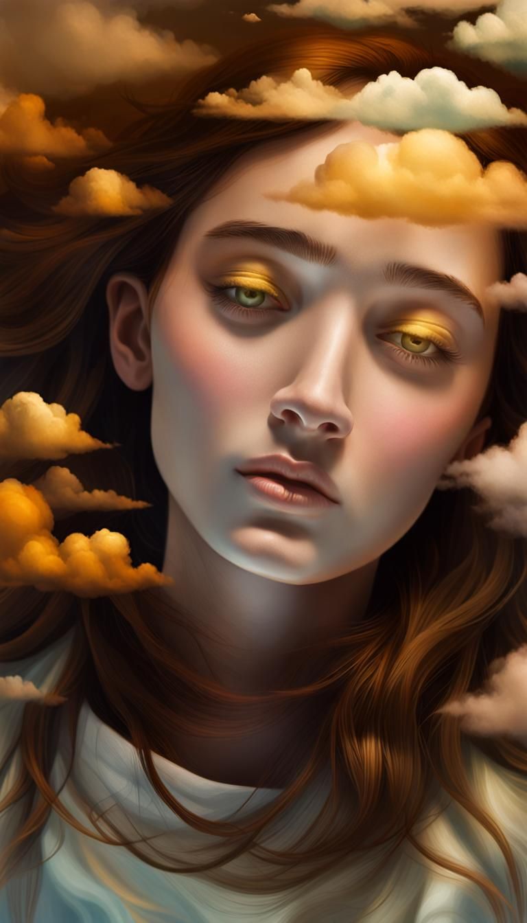 Woman Floating in Clouds: Rothko-Inspired Surrealism