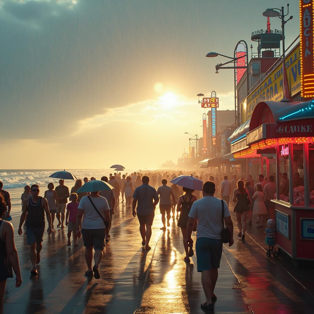 Vibrant Boardwalk in Misty Rain with Fantasy Elements