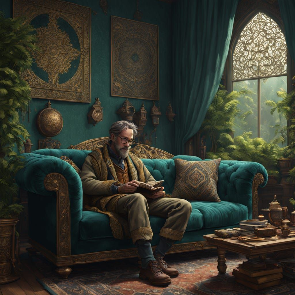 Surreal Gentleman Slumbers on Velvet Couch in Lush Greenery