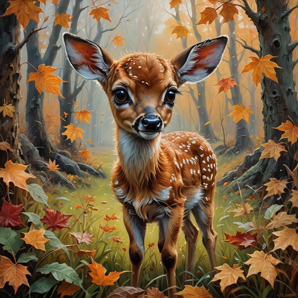 Cute Fawn in Mystical Autumn Meadow, Fantasy Art