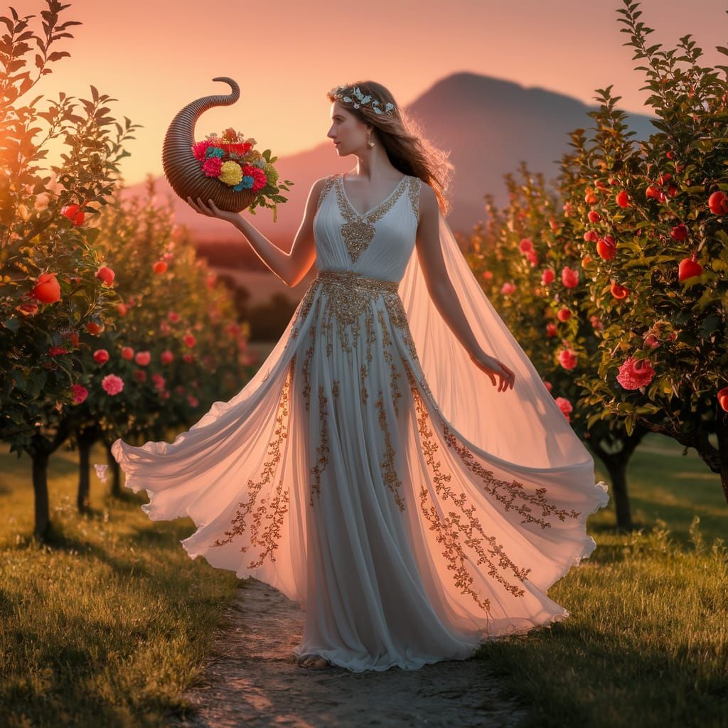 Graceful Greek Goddess of Abundance in Golden Orchard