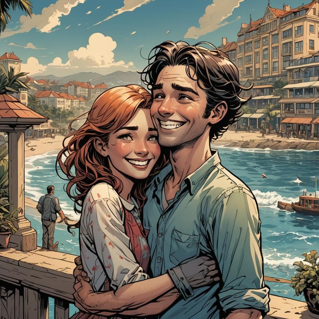 Laughing Children Hugging in Comic Book Style