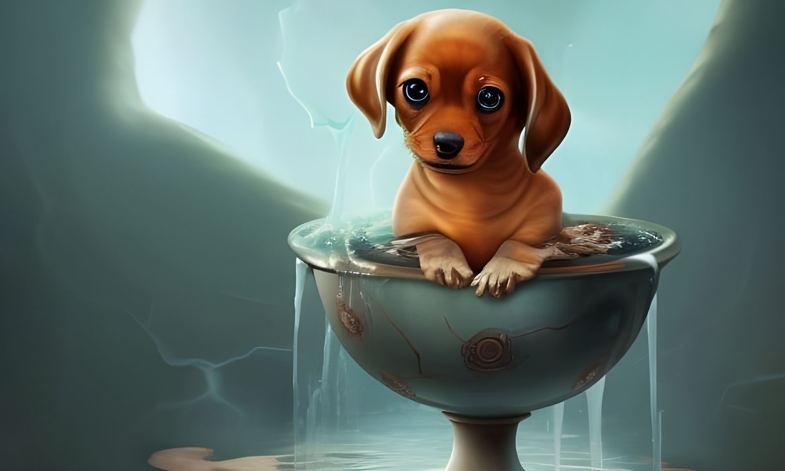 Puppy Bath in Teacup: Detailed Digital Art
