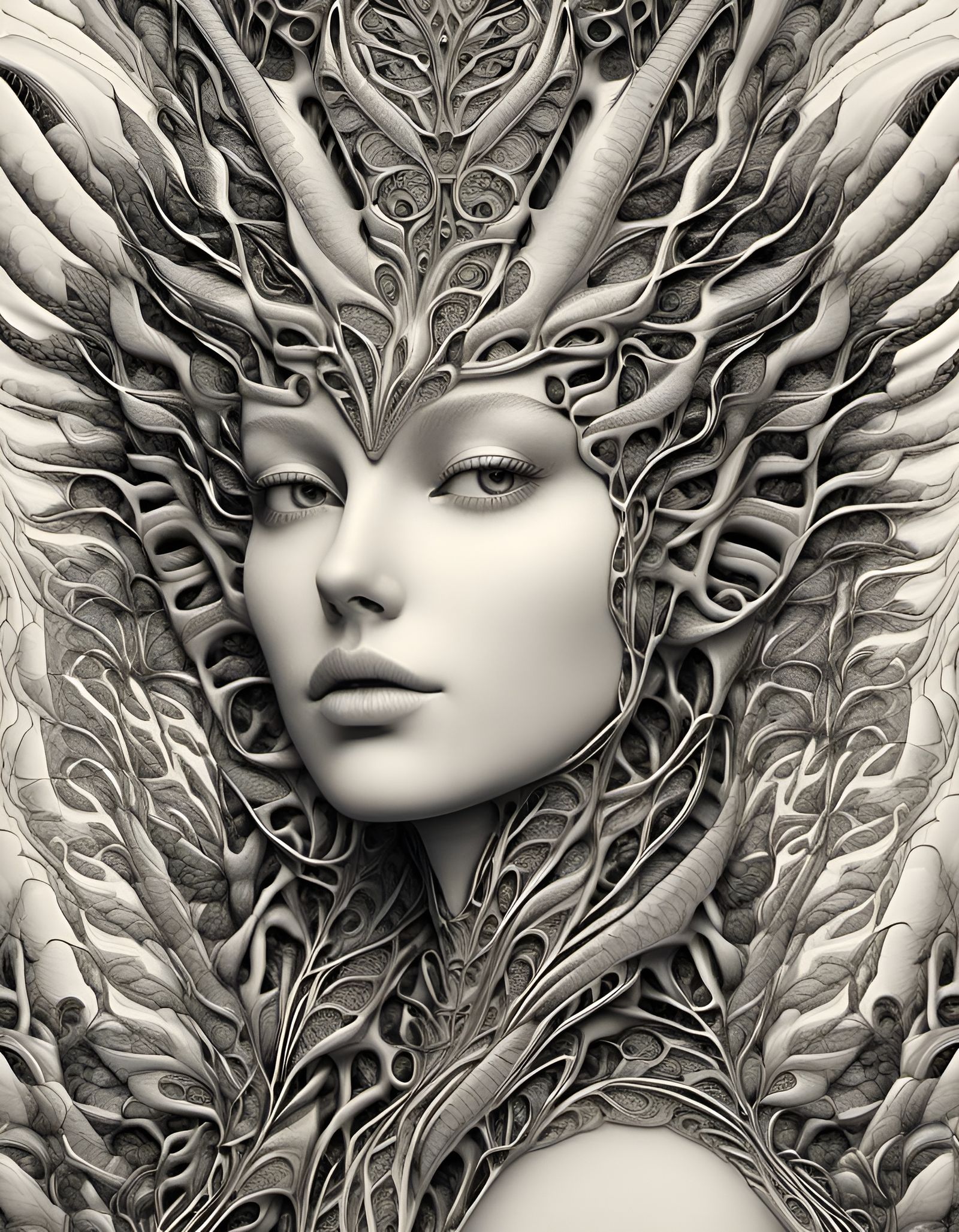 Fractal Woman with Dragon Hybrid in Pyrography Style