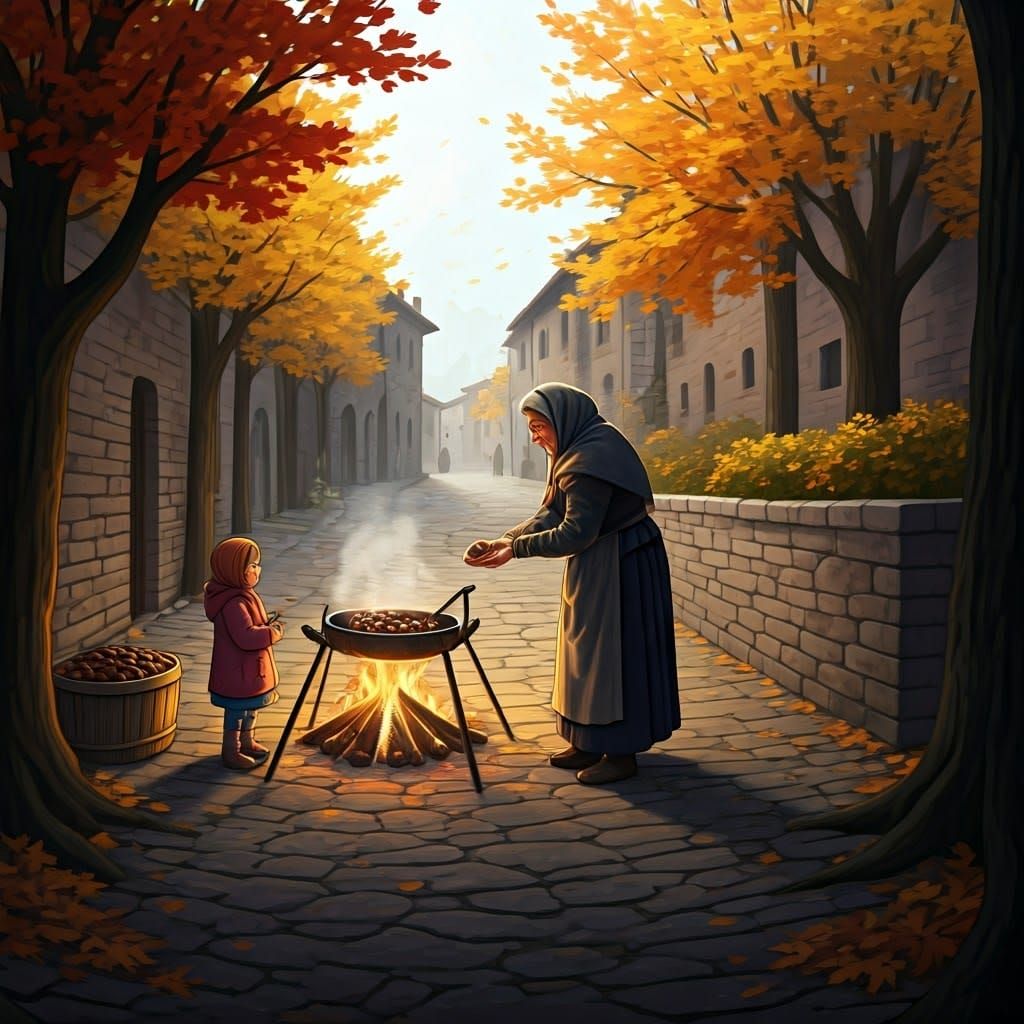 Autumn Chestnut Vendor in Italian Village