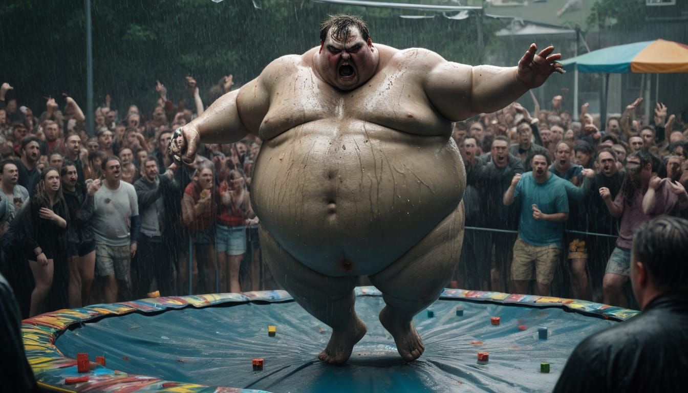 Obese Man Ready to Jump on Trampoline
