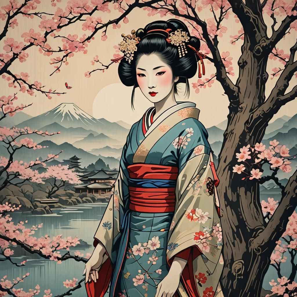 Geisha with Cherry Blossoms in Ukiyo-e Style