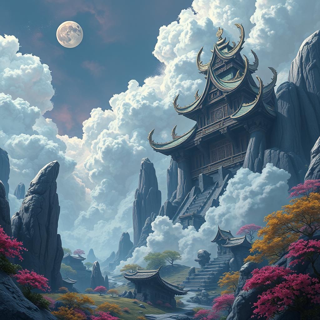 Fantastical Temple Concept Art in Junji Ito Style