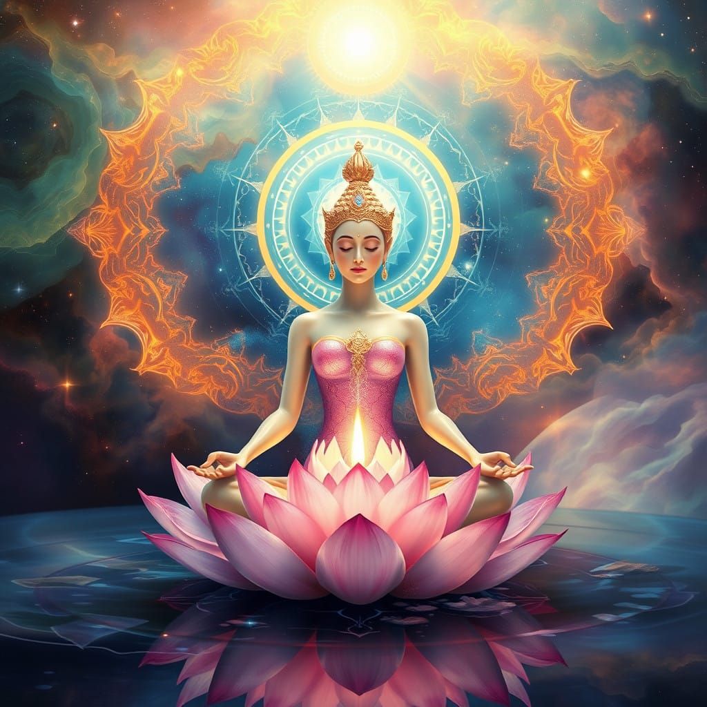 hyperdetailed Metaphysical Painting, lotus, etherial translucent goddess meditating, cosmic gaswaves