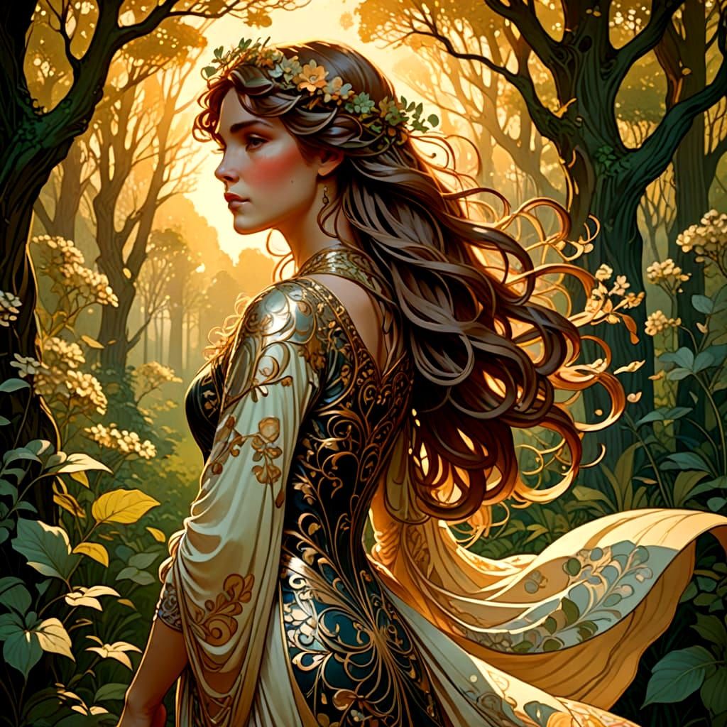 Art Nouveau Woman in Forest Clearing, Digital Matte Painting