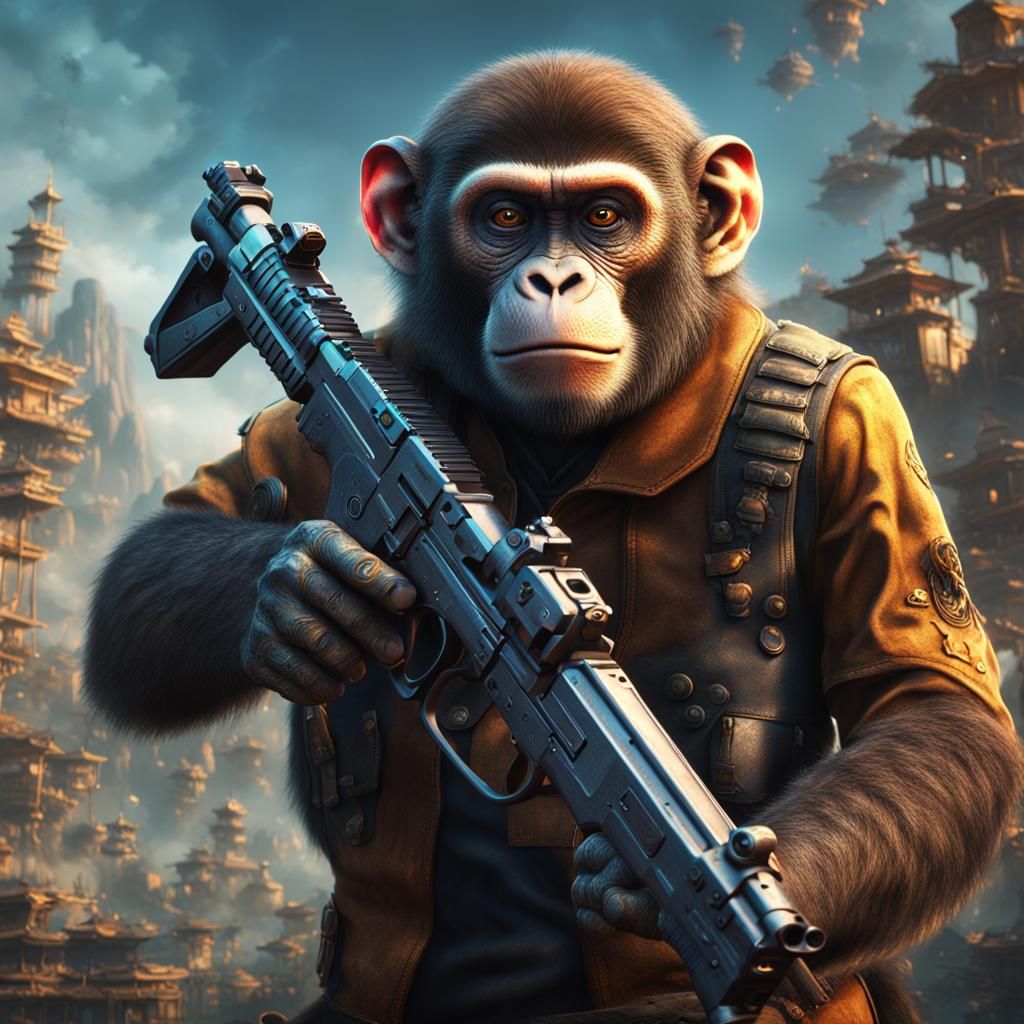 Monkey Holding Gun in Detailed Matte Painting Style