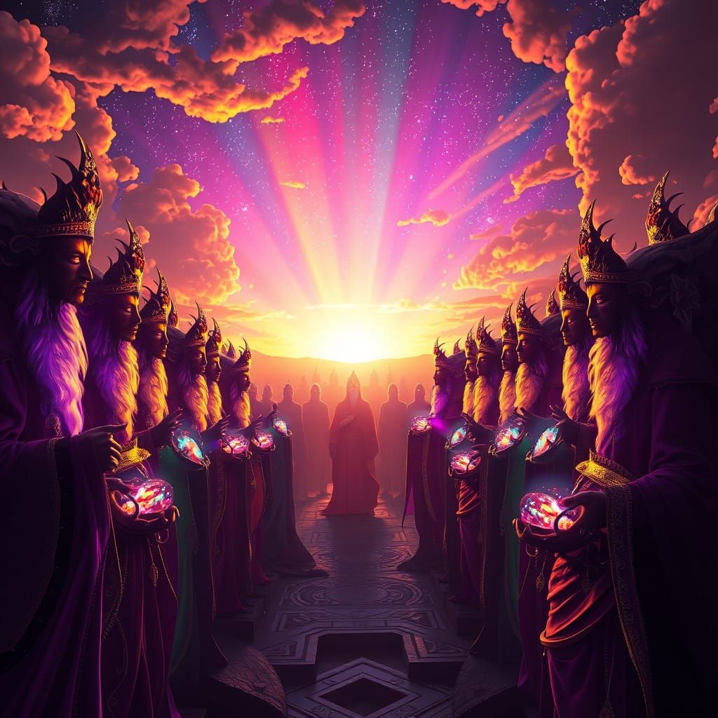 Cosmic Gods Converse Amidst Celestial Dawn