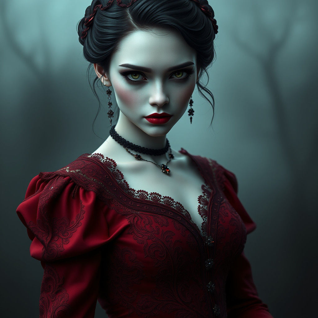 Gothic Woman in Crimson Gown: A Digital Oil Painting