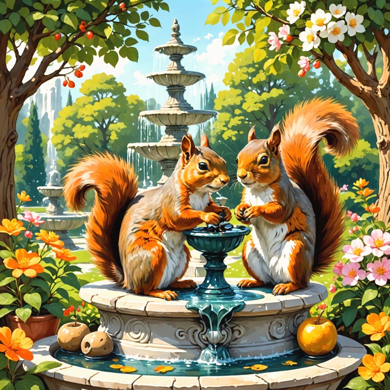 Two Squirrels Admire a Bonsai Tree in a Garden