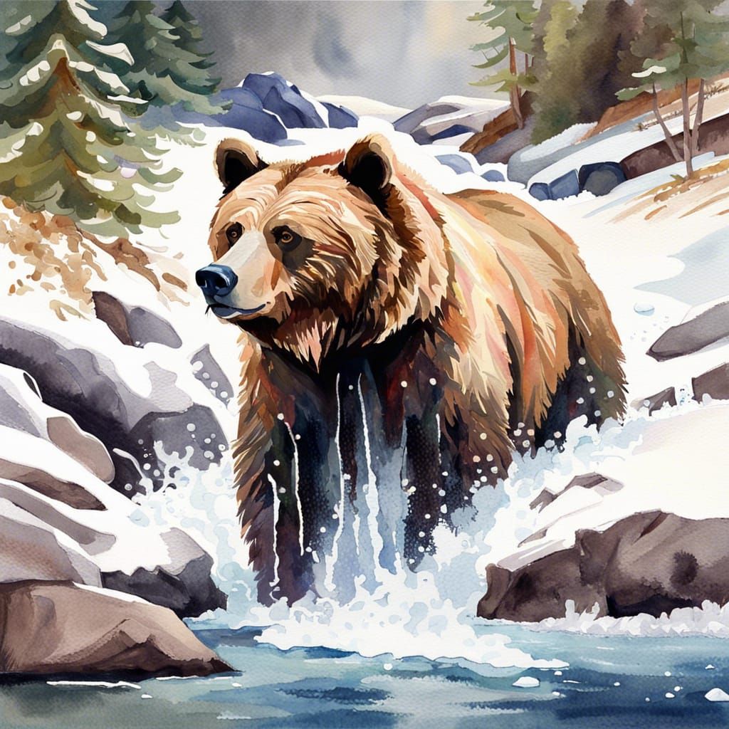 Grizzly Bear in Snowy Creek, Gouache Watercolor