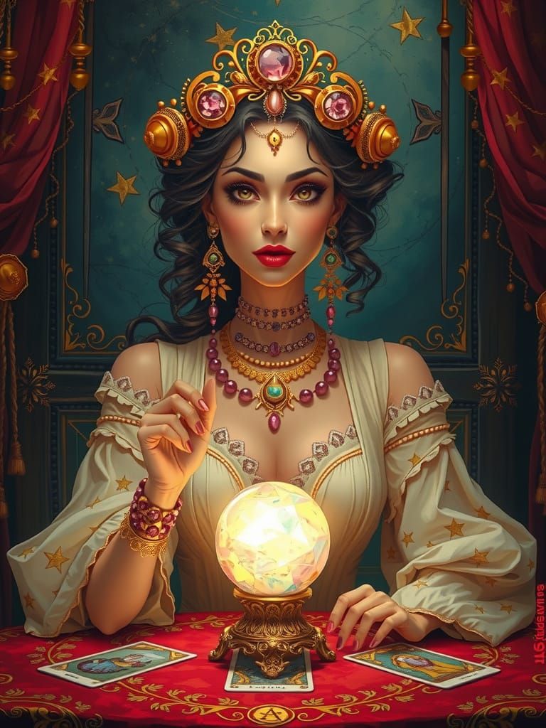 Mystical Woman with Pink Gemstones, Hyper-Realistic Details