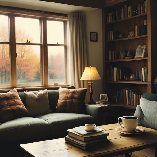 Cozy Coffee and Cake Amidst Bookshelves