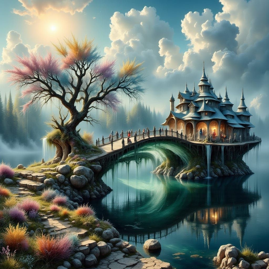 <lora:Light and Lace-Flux:1.0> <lora:FiosFantasySeashells:1.0> stunning creative refractive transparent glass bridges by...