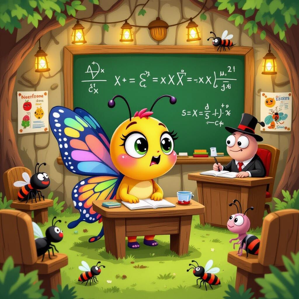 Confused Butterfly in Forest Classroom Cartoon