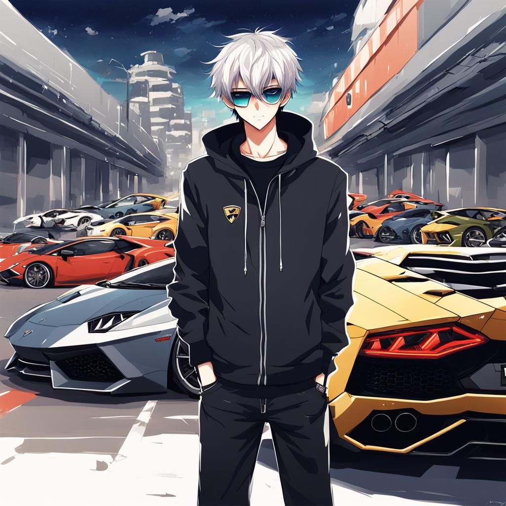 Anime Boy with Lamborghinis in Manga Style