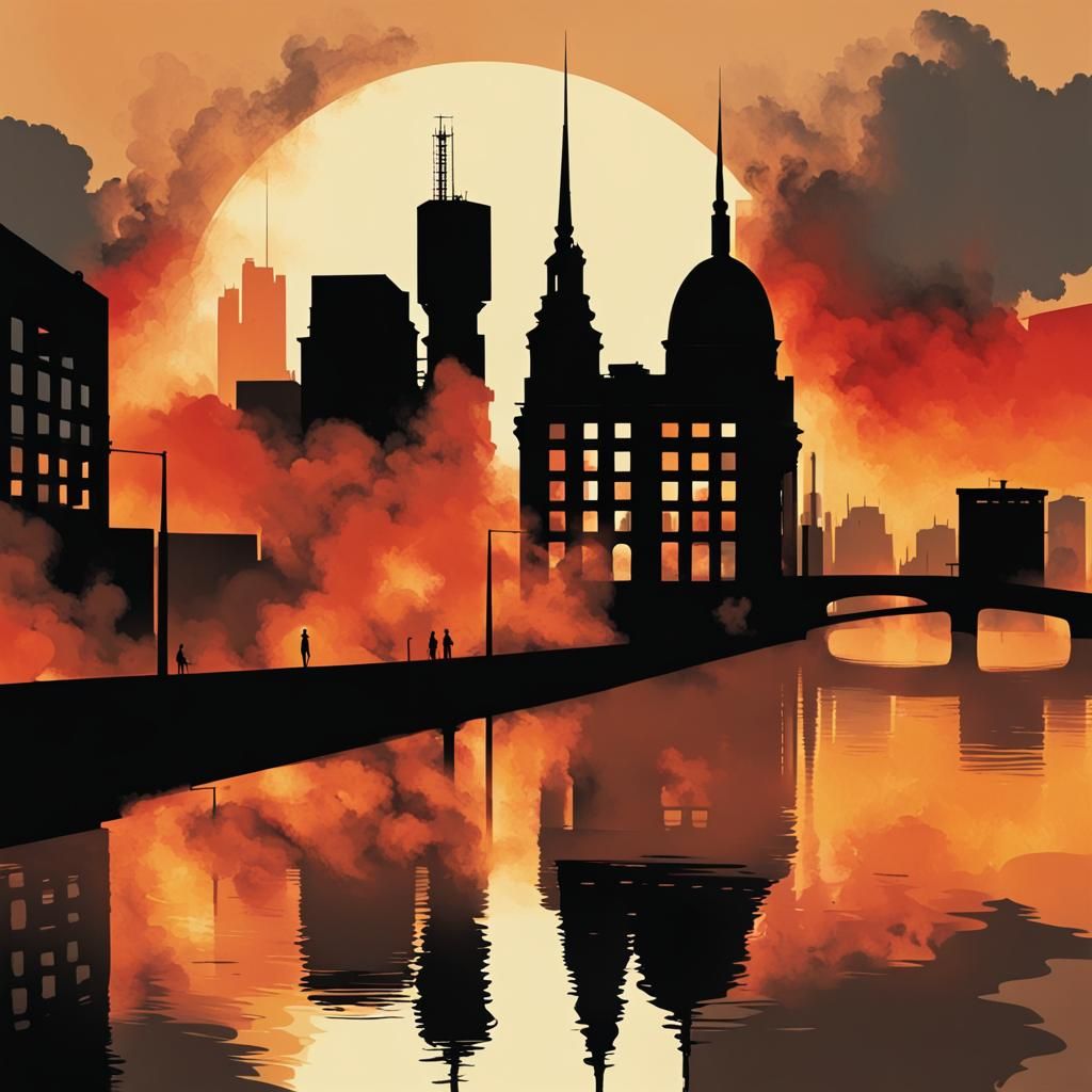 Berlin Silhouette with Burning House in Expressionist Style