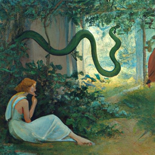 Eve and Serpent in Garden of Eden as Edward Hopper Painting