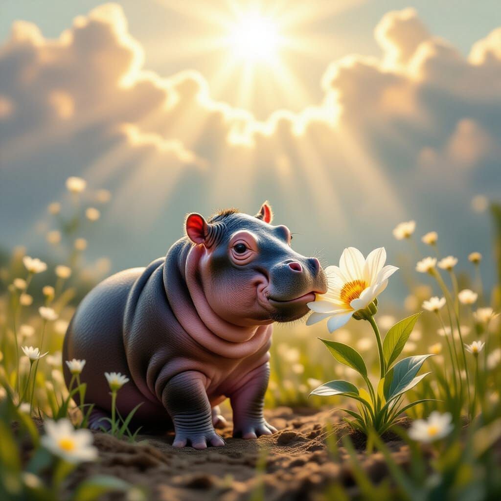 Baby Hippo Eats Flower in Ethereal Sunshine