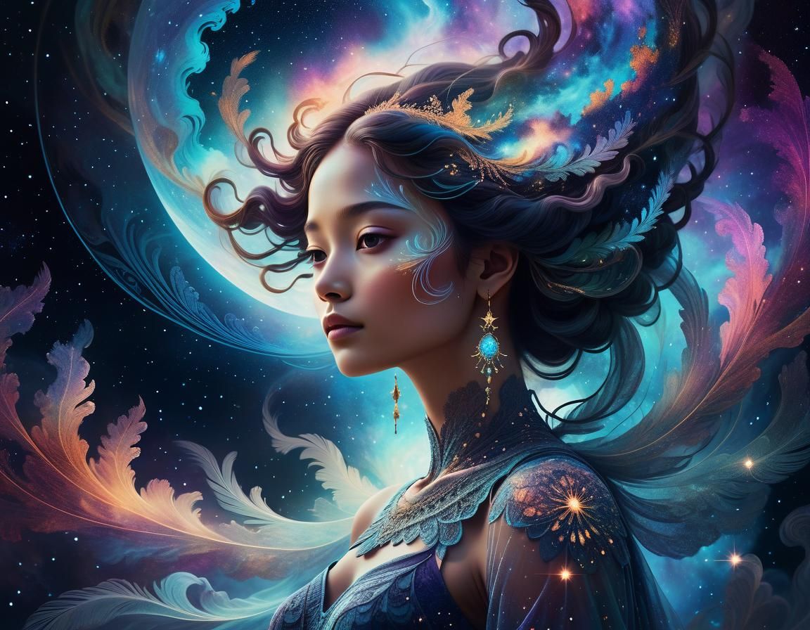 Celestial Goddess in Starry Galaxy: Double Exposure Art