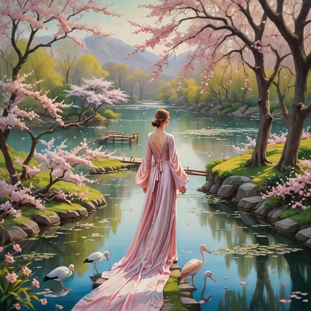 Ethereal Cherry Blossom Dreamscape Oil Painting