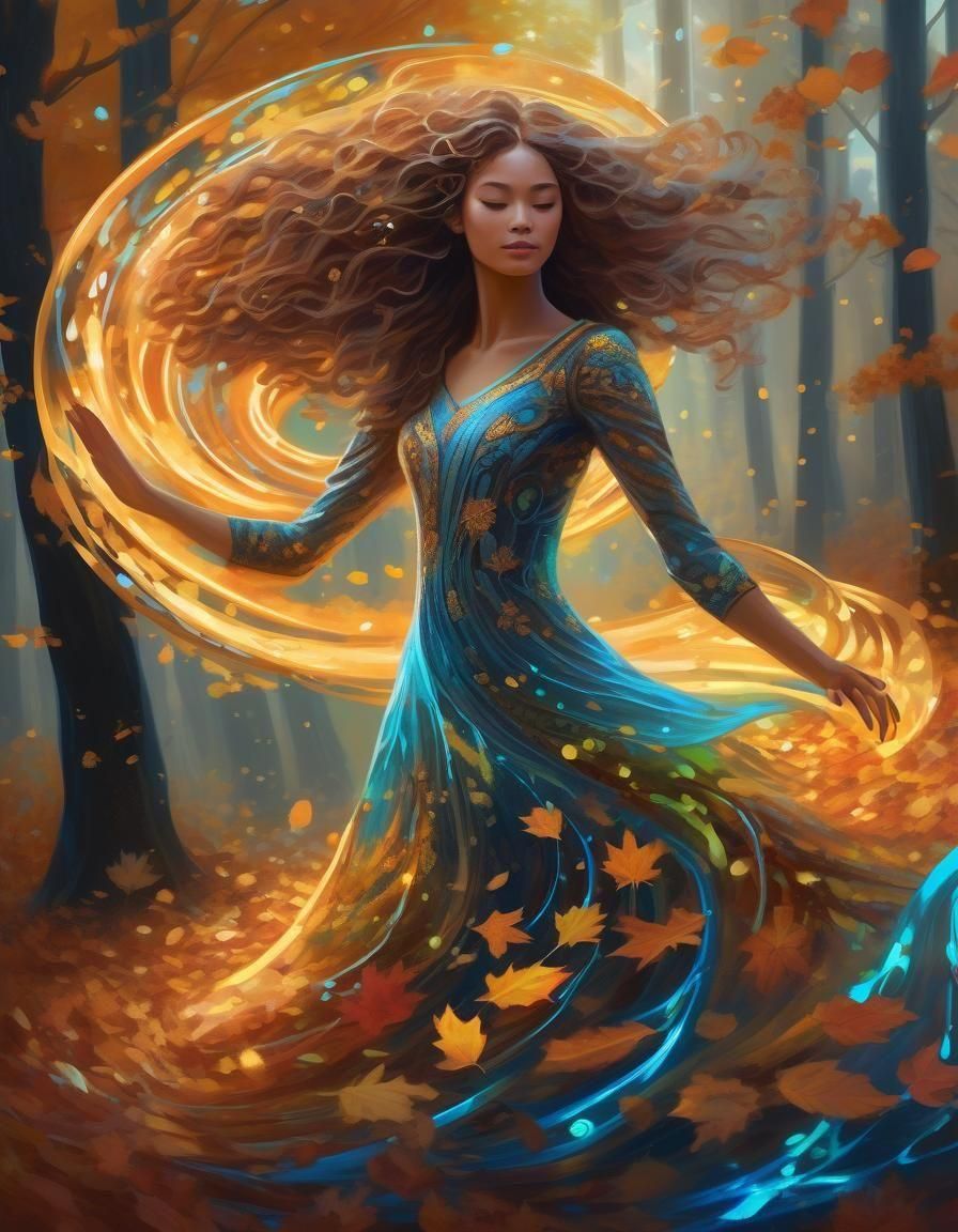 Bioluminescent Dancer in Autumn Forest