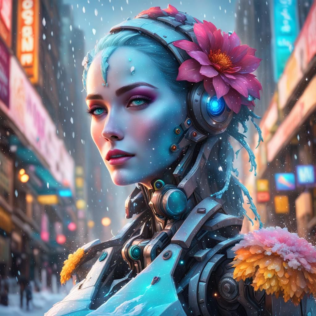 A colorful frozen female robot