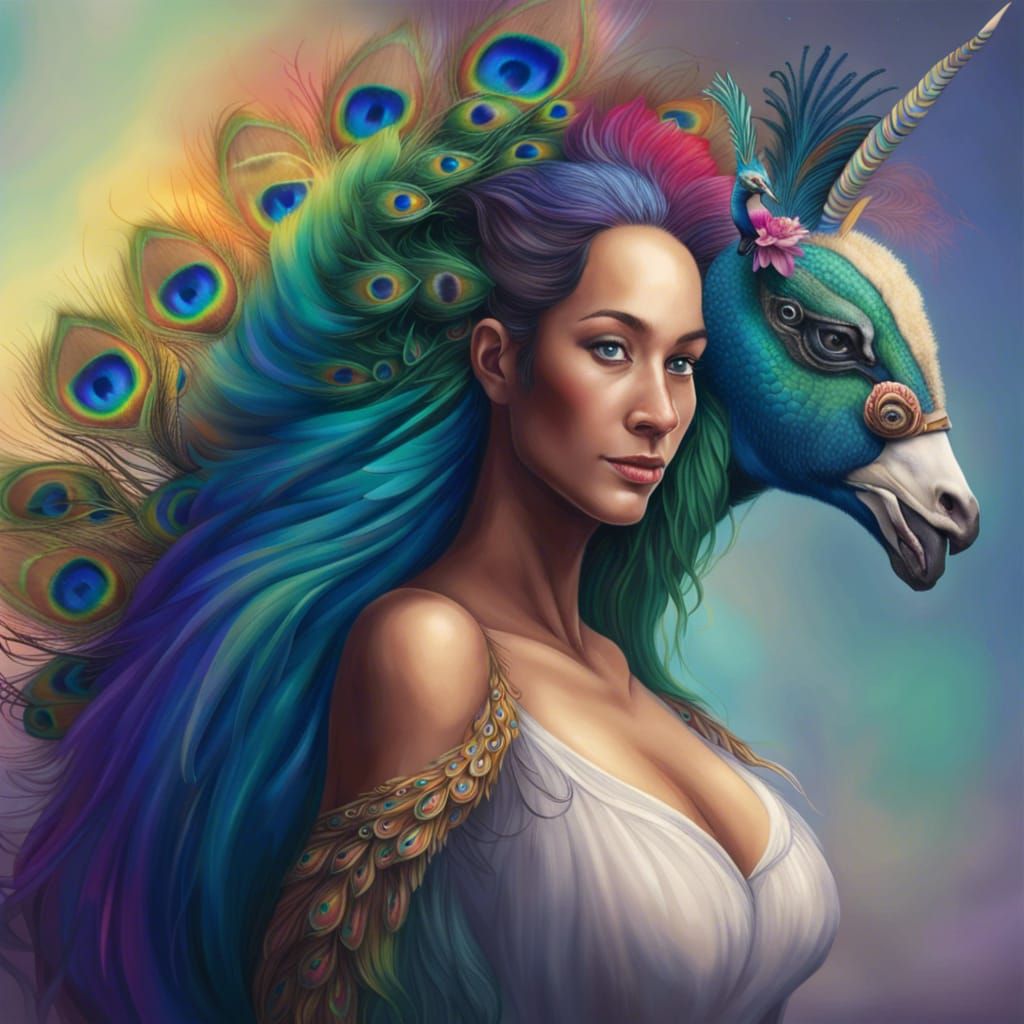 Peacock Woman Rides Unicorn in Hyperrealistic Graffiti Art